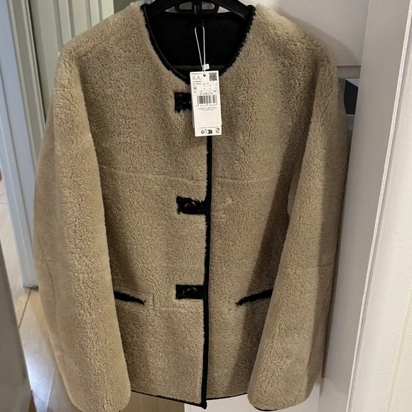 Womens Beige Faux Shearling Jacket with Black Trim - Picture 2 of 4